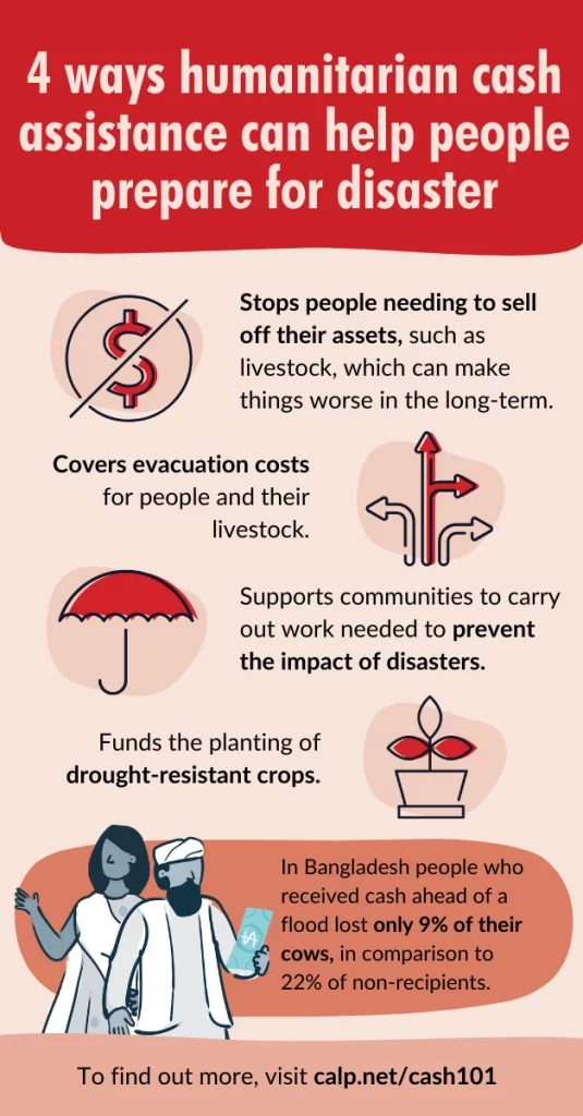 Infographic titled "4 ways humanitarian cash assistance can help people prepare for disaster". Below are icons with descriptions: a slashed dollar sign indicates cash assistance prevents selling assets like livestock; an umbrella icon suggests coverage of evacuation costs; a hand holding a seedling symbolizes support for planting drought-resistant crops. An illustration shows two figures, one holding cash, with a statistic from Bangladesh on reduced livestock loss due to cash assistance. The bottom prompts a visit to calp.net/cash101 for more information.
